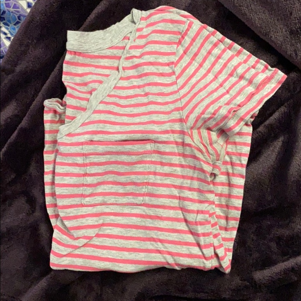 Grey and Pink Stripe Pocket Tee